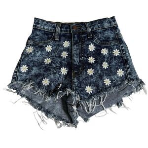 Vtg Vibrant MIU Acid Wash High Rise Frayed Hem Novelty Daisy Cutoff Shorts S